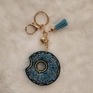 Donut Blue Rhinestone Keychain with Tassel Bag Charm